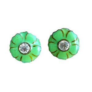 Vintage Gold Foil & Green Enamel Flower Stud Earrings With Rhinestone